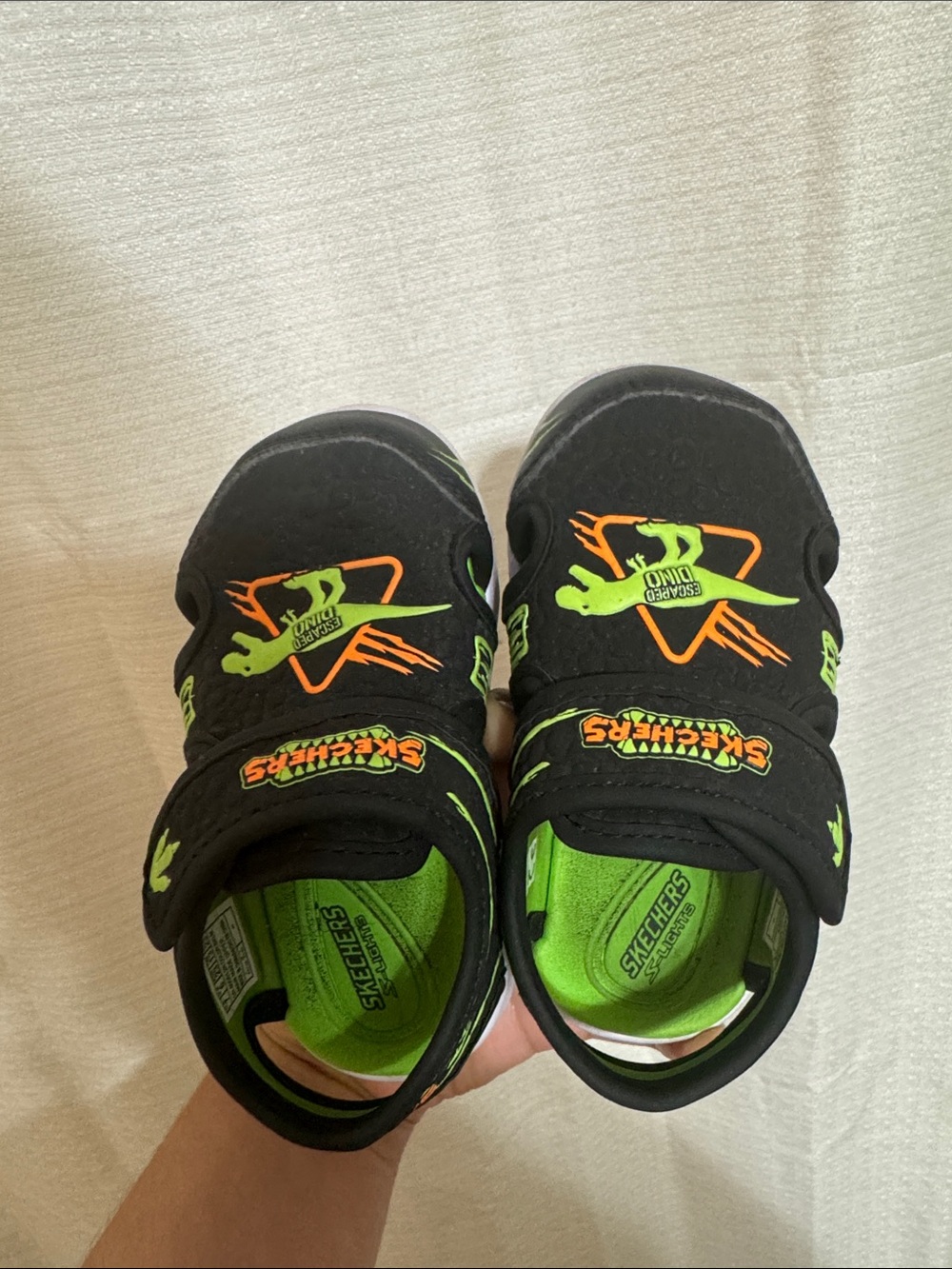 Skechers Kids Black & Neon Green Dinosaur Slip-On Sneakers with Orange Accents